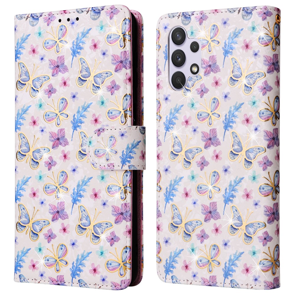For Samsung Galaxy A32 4G (EU Version) Case Floral Design RFID Blocking Leather Phone Cover - Butterfly Flower
