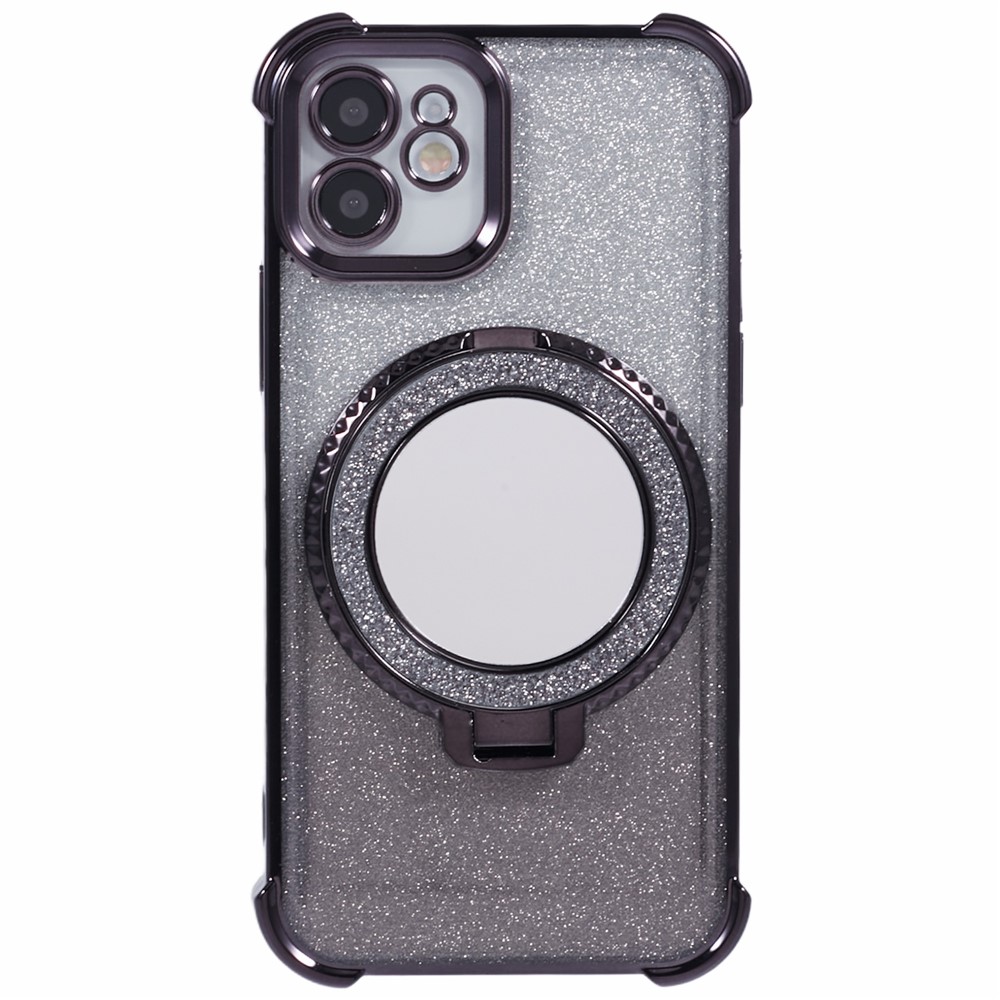 For iPhone 11 Cell Phone Case TPU Glitter Phone Cover with Kickstand and Mirror - Black