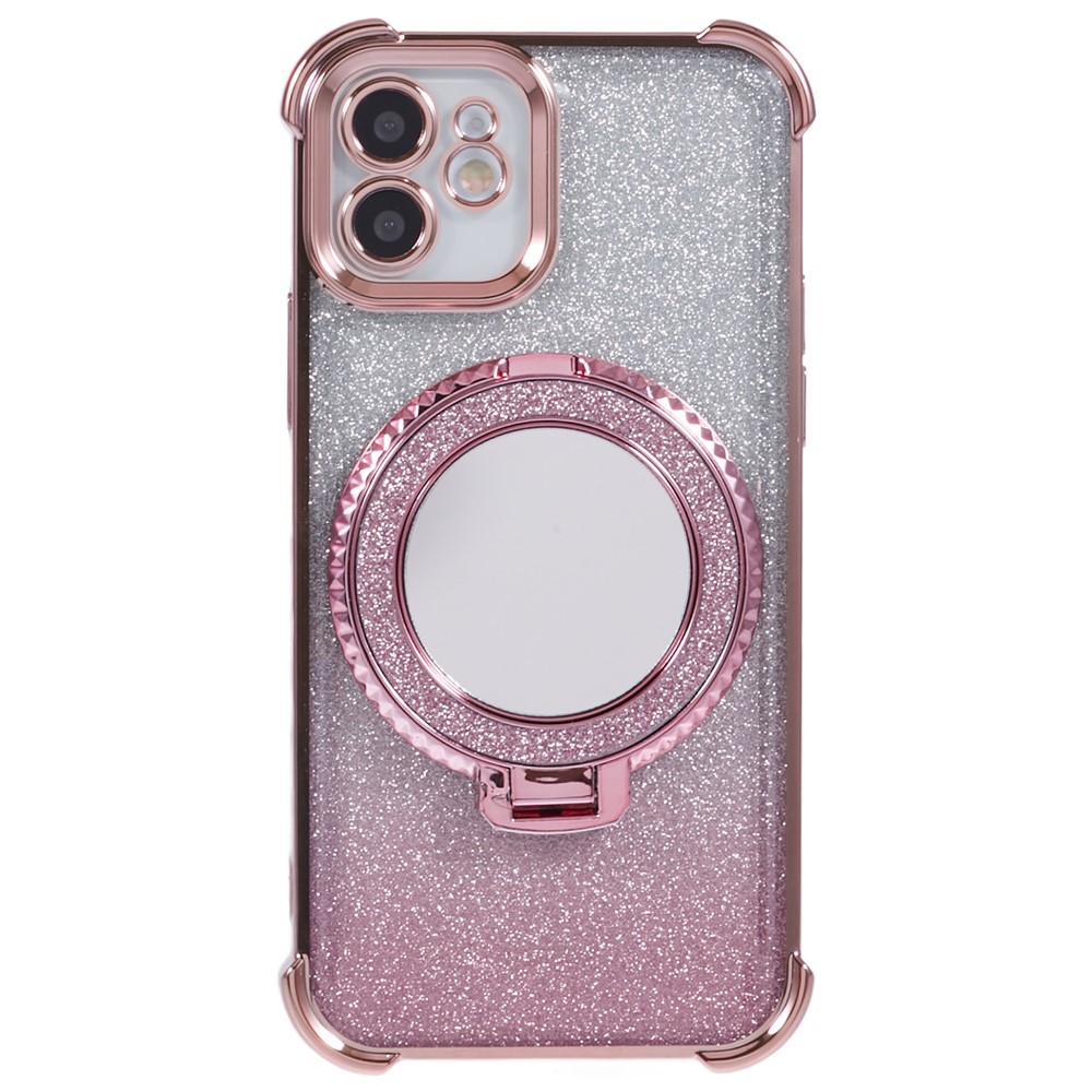 For iPhone 11 Cell Phone Case TPU Glitter Phone Cover with Kickstand and Mirror - Pink