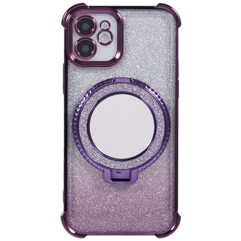 For iPhone 11 Cell Phone Case TPU Glitter Phone Cover with Kickstand and Mirror - Dark Purple