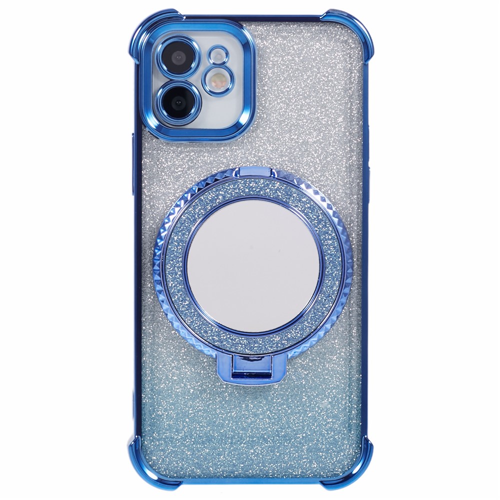 For iPhone 11 Cell Phone Case TPU Glitter Phone Cover with Kickstand and Mirror - Blue