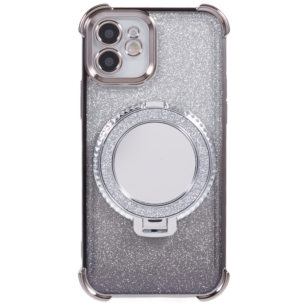 For iPhone 11 Cell Phone Case TPU Glitter Phone Cover with Kickstand and Mirror - Grey