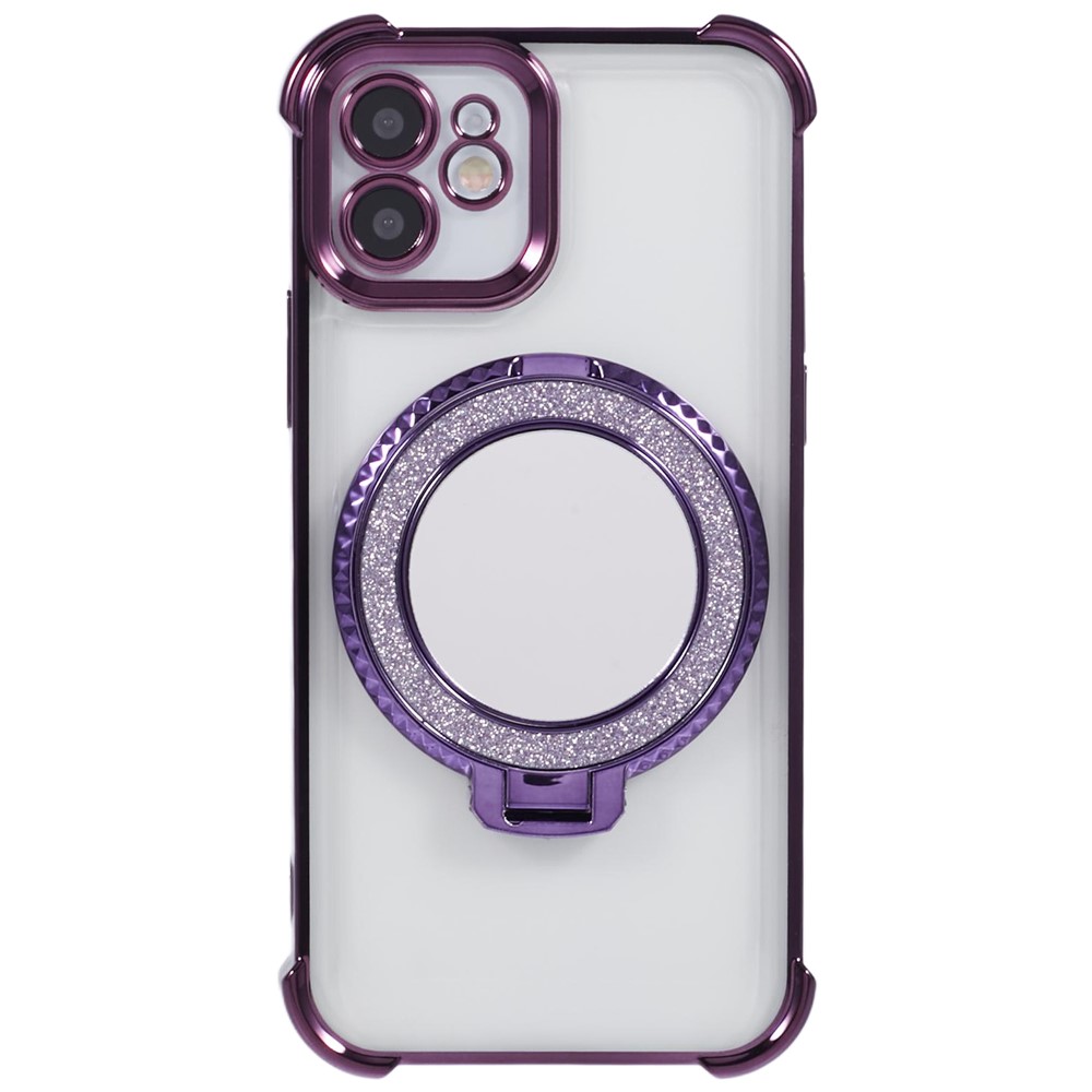 For iPhone 11 Anti-Scratch Phone Case TPU Glitter Phone Cover with Kickstand and Mirror - Dark Purple