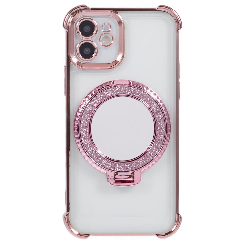 For iPhone 11 Anti-Scratch Phone Case TPU Glitter Phone Cover with Kickstand and Mirror - Pink