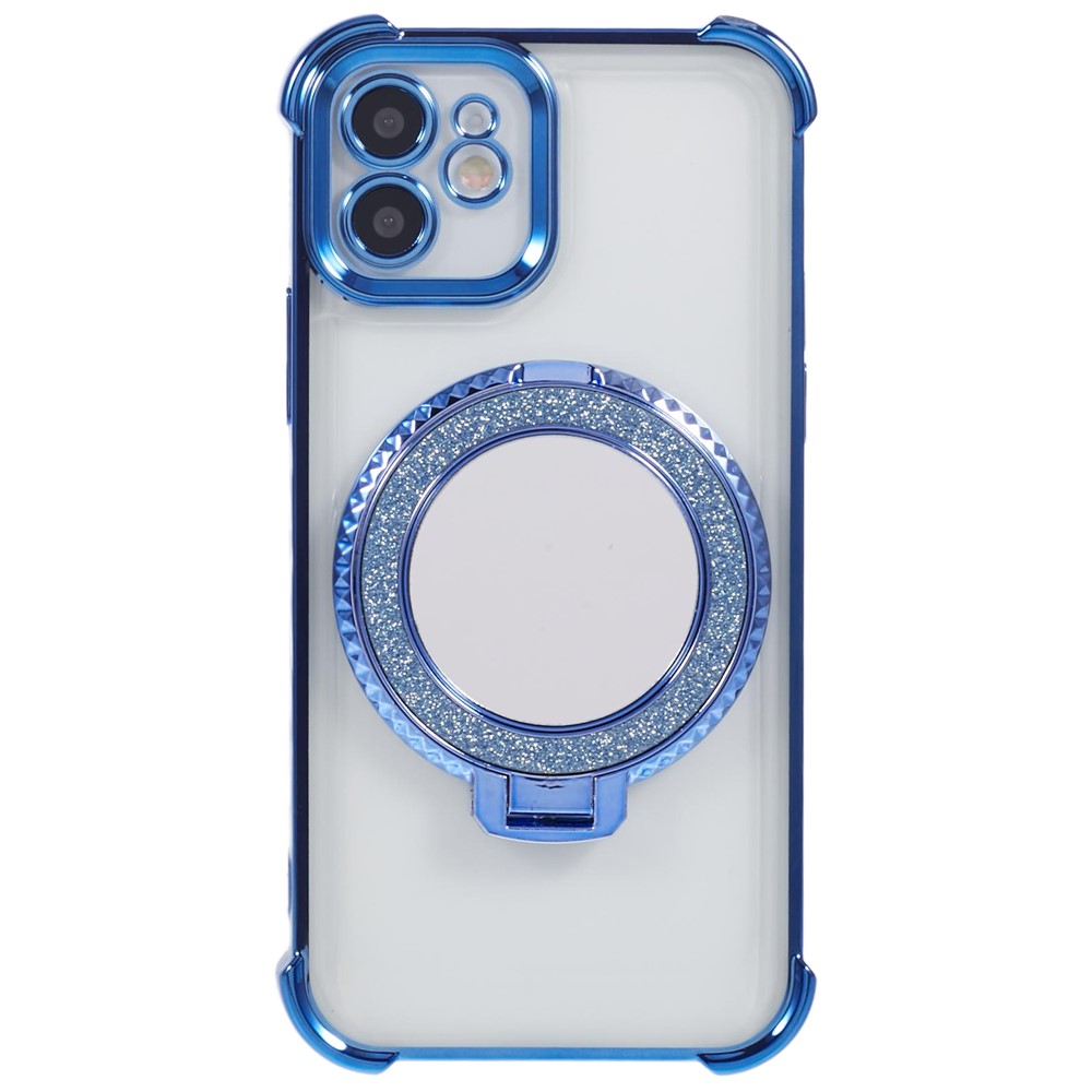 For iPhone 11 Anti-Scratch Phone Case TPU Glitter Phone Cover with Kickstand and Mirror - Blue