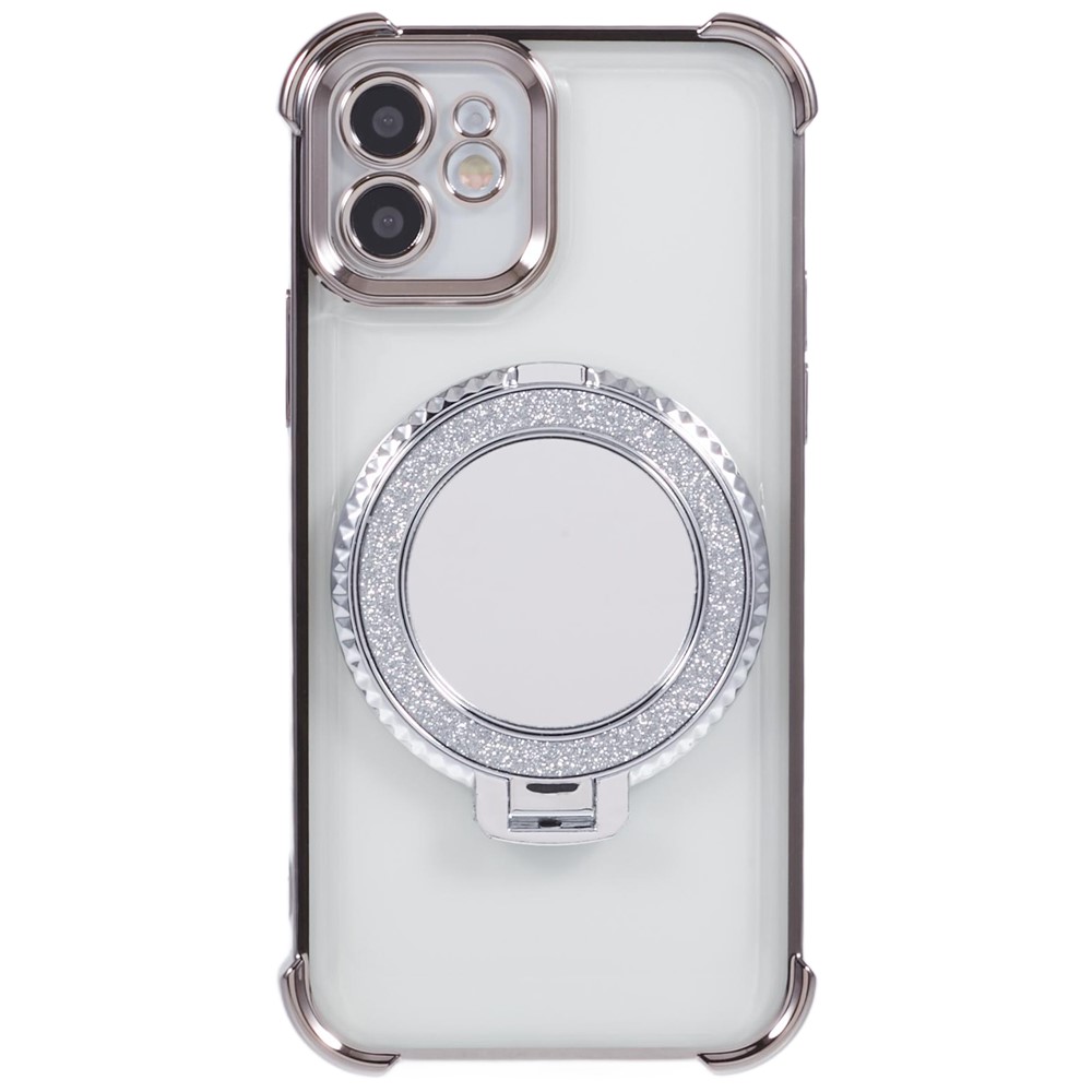 For iPhone 11 Anti-Scratch Phone Case TPU Glitter Phone Cover with Kickstand and Mirror - Grey