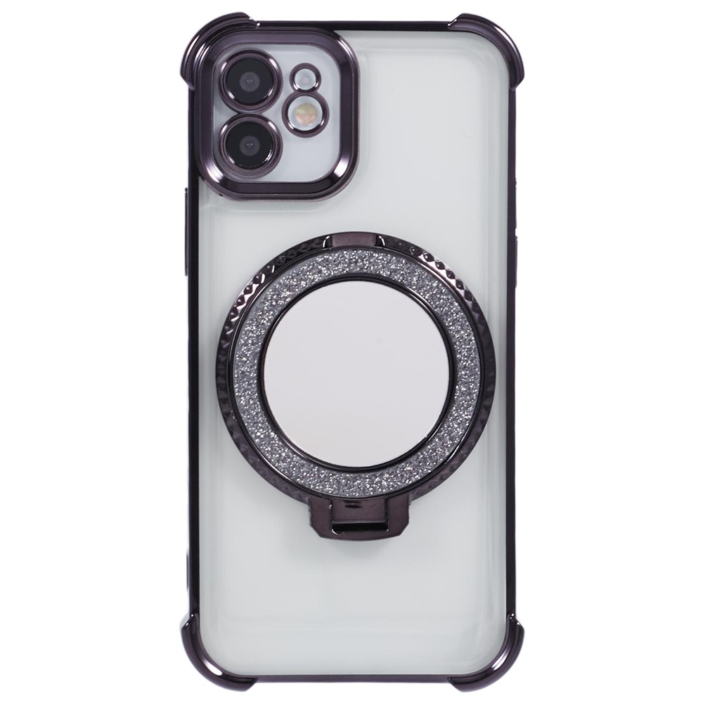 For iPhone 11 Anti-Scratch Phone Case TPU Glitter Phone Cover with Kickstand and Mirror - Black