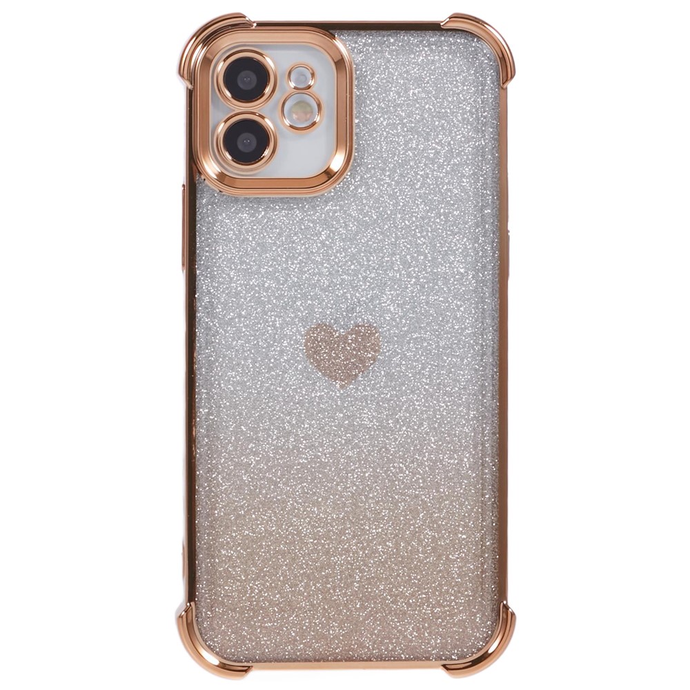 For iPhone 11 Drop Protection Cell Phone Case Heart Pattern TPU Glittery Powder Phone Cover - Gold