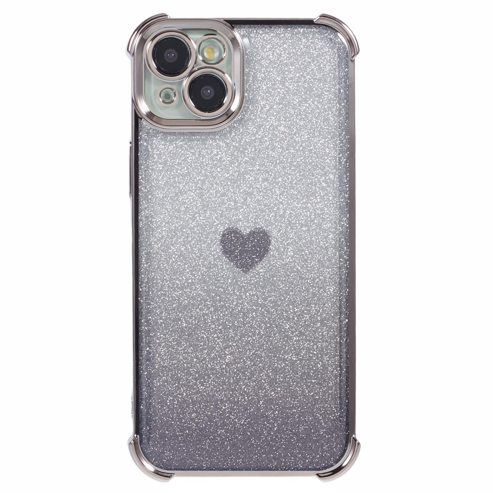 For iPhone 14 Drop Protection Phone Case Heart Pattern TPU Glittery Powder Phone Cover - Grey