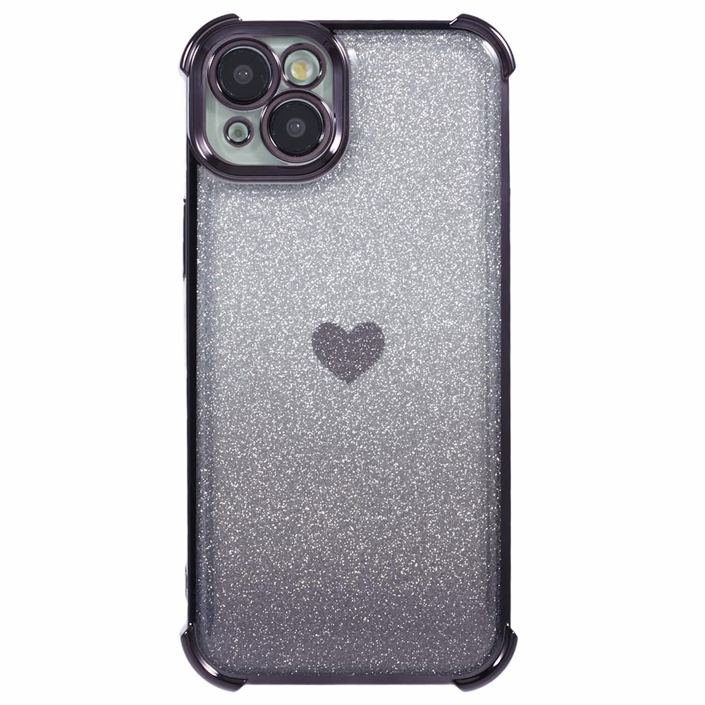 For iPhone 13 Anti-Scratch Phone Case Heart Pattern TPU Glittery Powder Phone Cover - Black