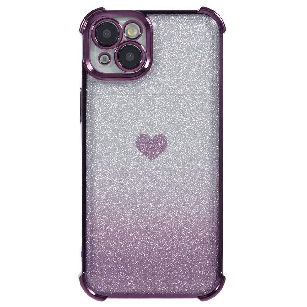 For iPhone 13 Anti-Scratch Phone Case Heart Pattern TPU Glittery Powder Phone Cover - Dark Purple