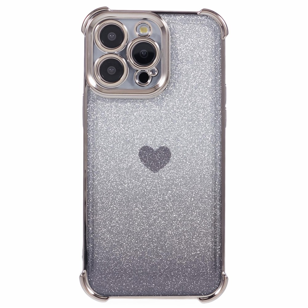 For iPhone 13 Pro Max Anti-Scratch Phone Case Heart Pattern TPU Glittery Powder Phone Cover - Grey
