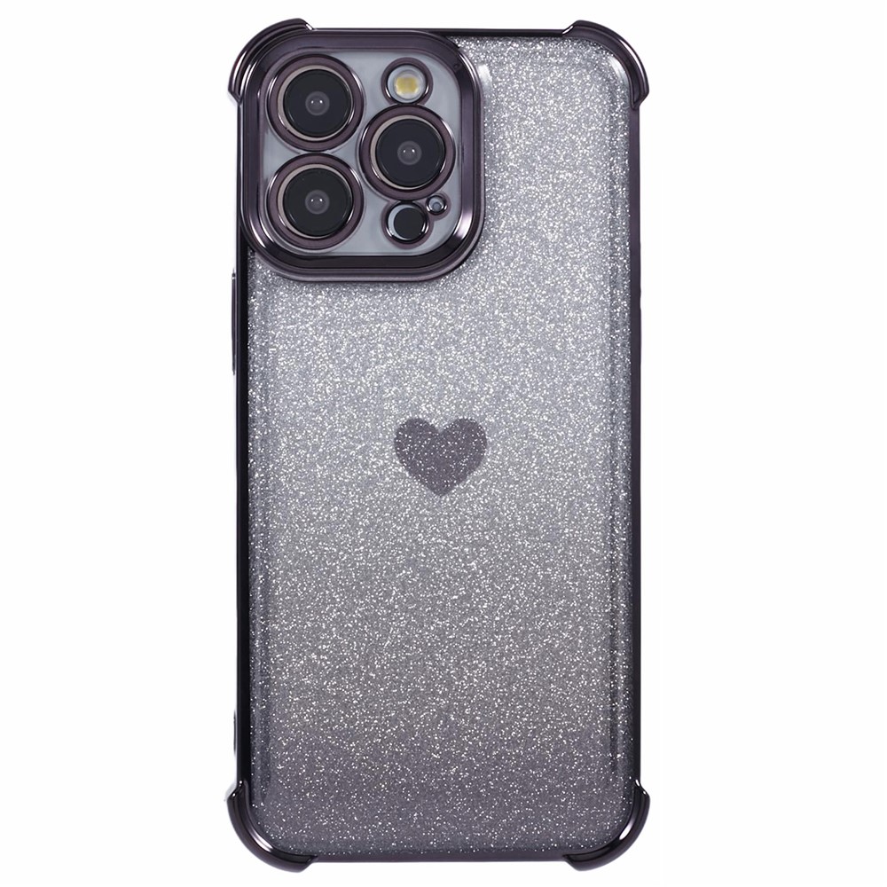 For iPhone 13 Pro Max Anti-Scratch Phone Case Heart Pattern TPU Glittery Powder Phone Cover - Black
