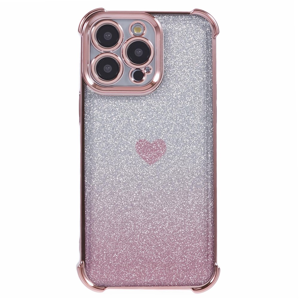 For iPhone 13 Pro Max Anti-Scratch Phone Case Heart Pattern TPU Glittery Powder Phone Cover - Pink