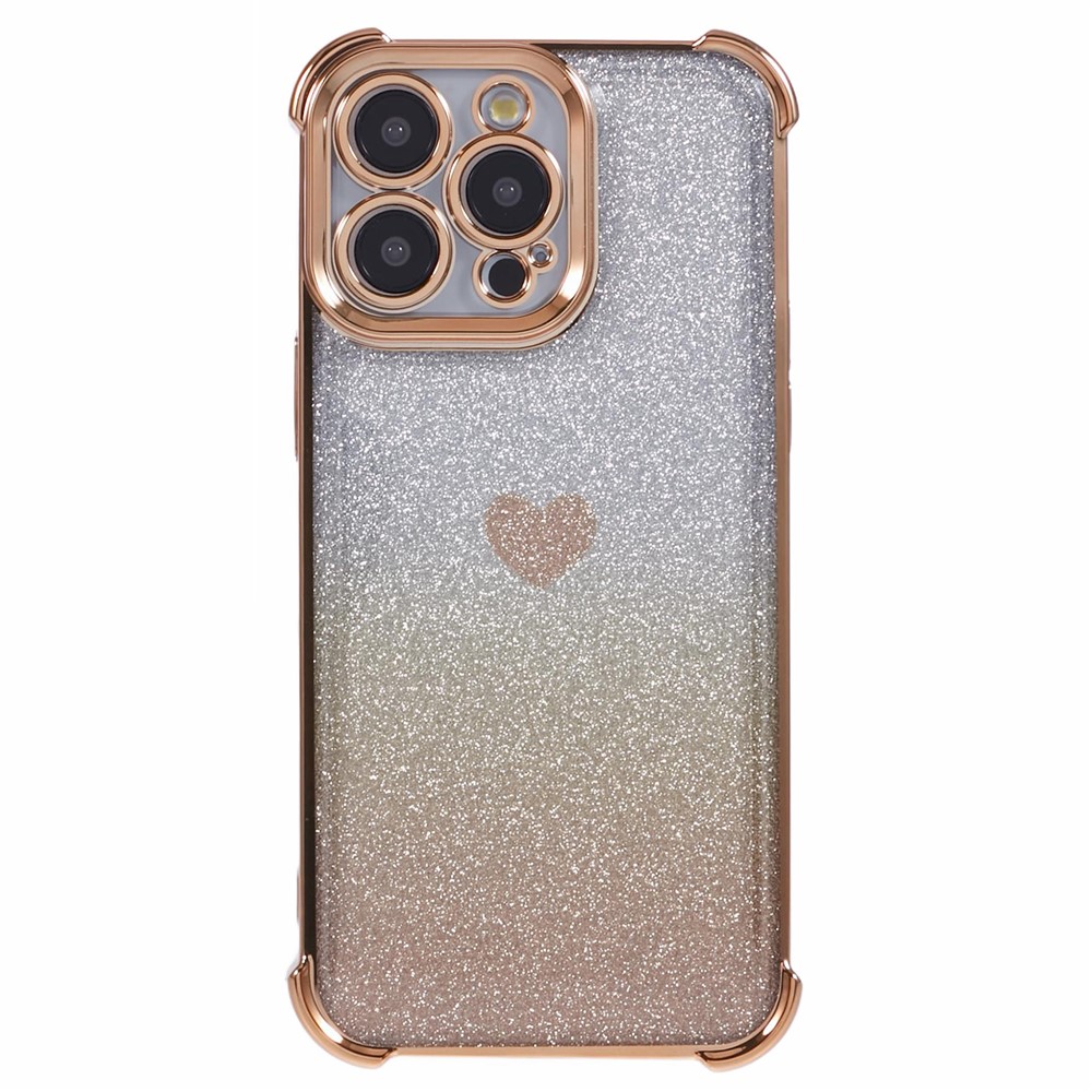 For iPhone 13 Pro Max Anti-Scratch Phone Case Heart Pattern TPU Glittery Powder Phone Cover - Gold
