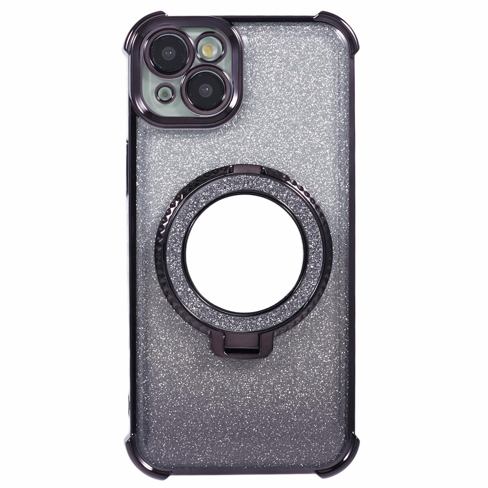 For iPhone 13 Case Ring Kickstand Electroplating Glitter TPU Phone Cover with Mirror - Black
