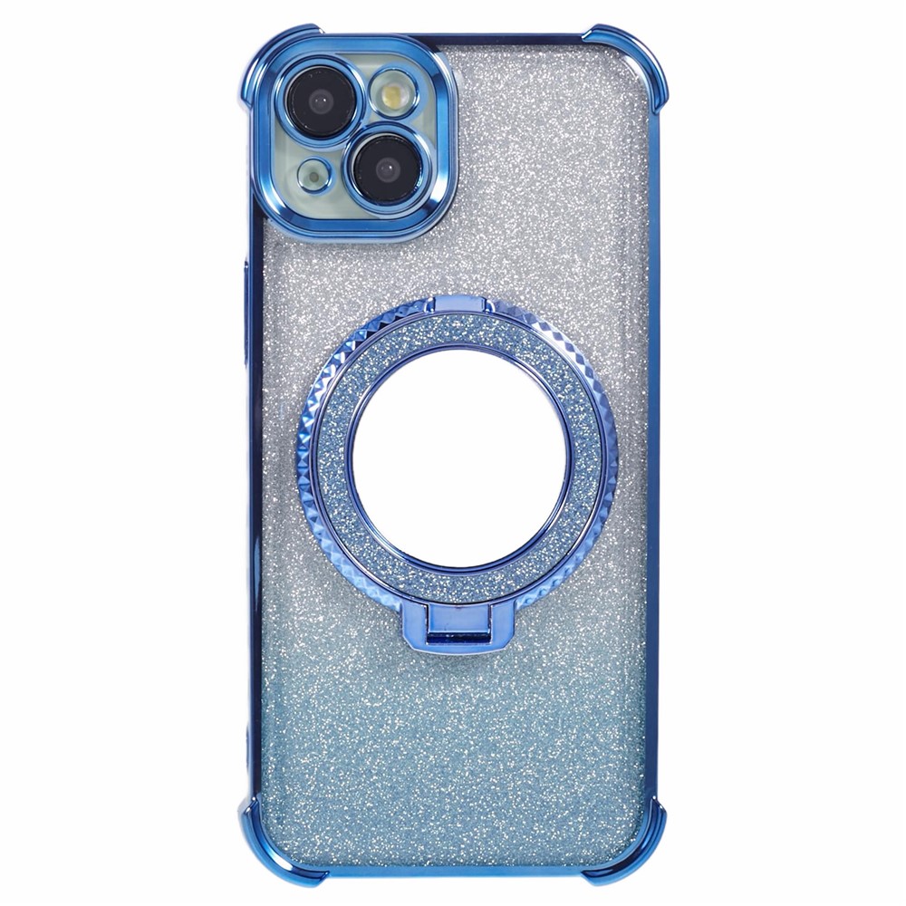 For iPhone 13 Case Ring Kickstand Electroplating Glitter TPU Phone Cover with Mirror - Blue