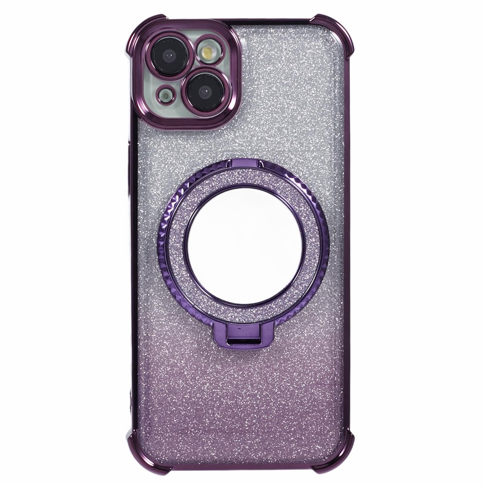 For iPhone 13 Case Ring Kickstand Electroplating Glitter TPU Phone Cover with Mirror - Dark Purple