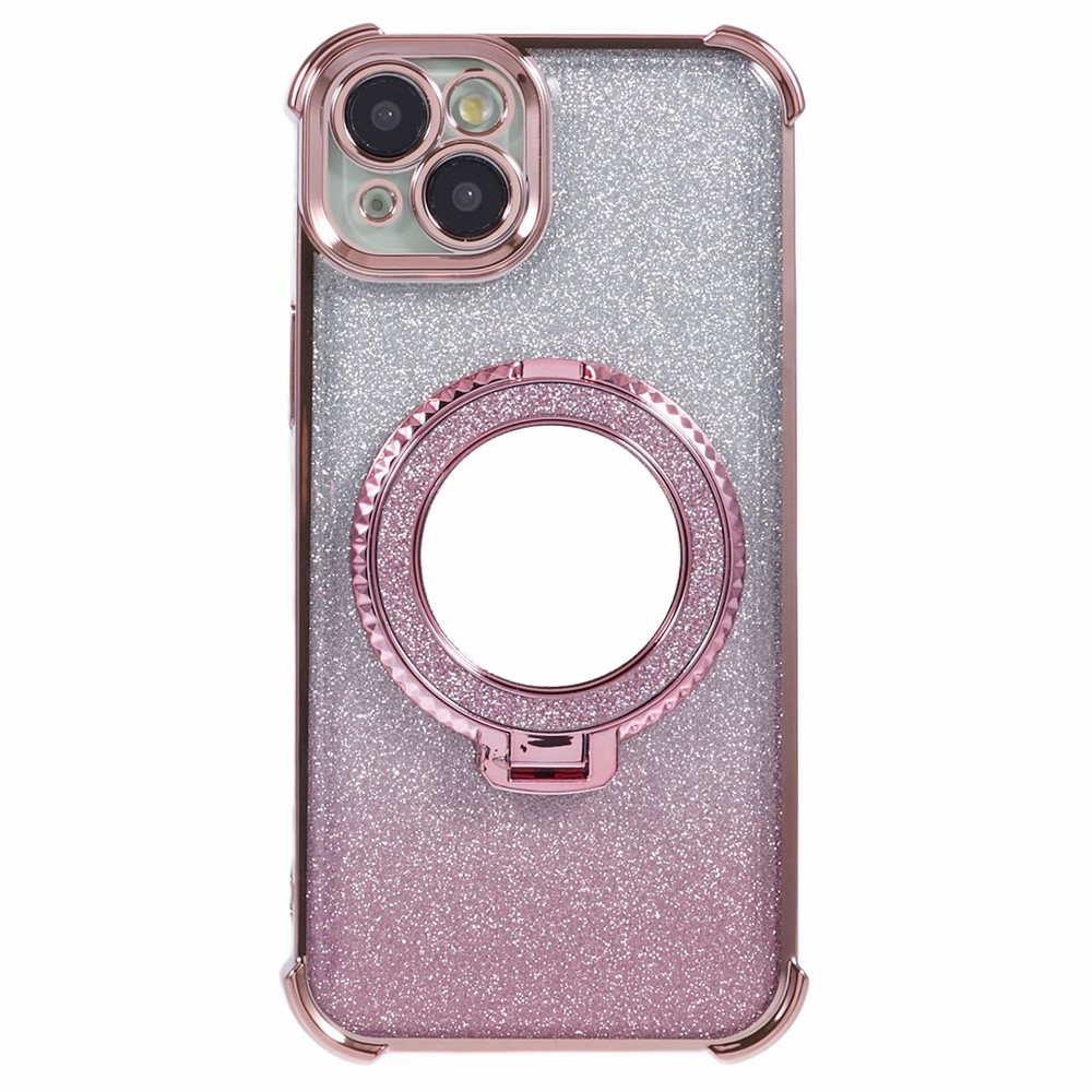 For iPhone 13 Case Ring Kickstand Electroplating Glitter TPU Phone Cover with Mirror - Pink
