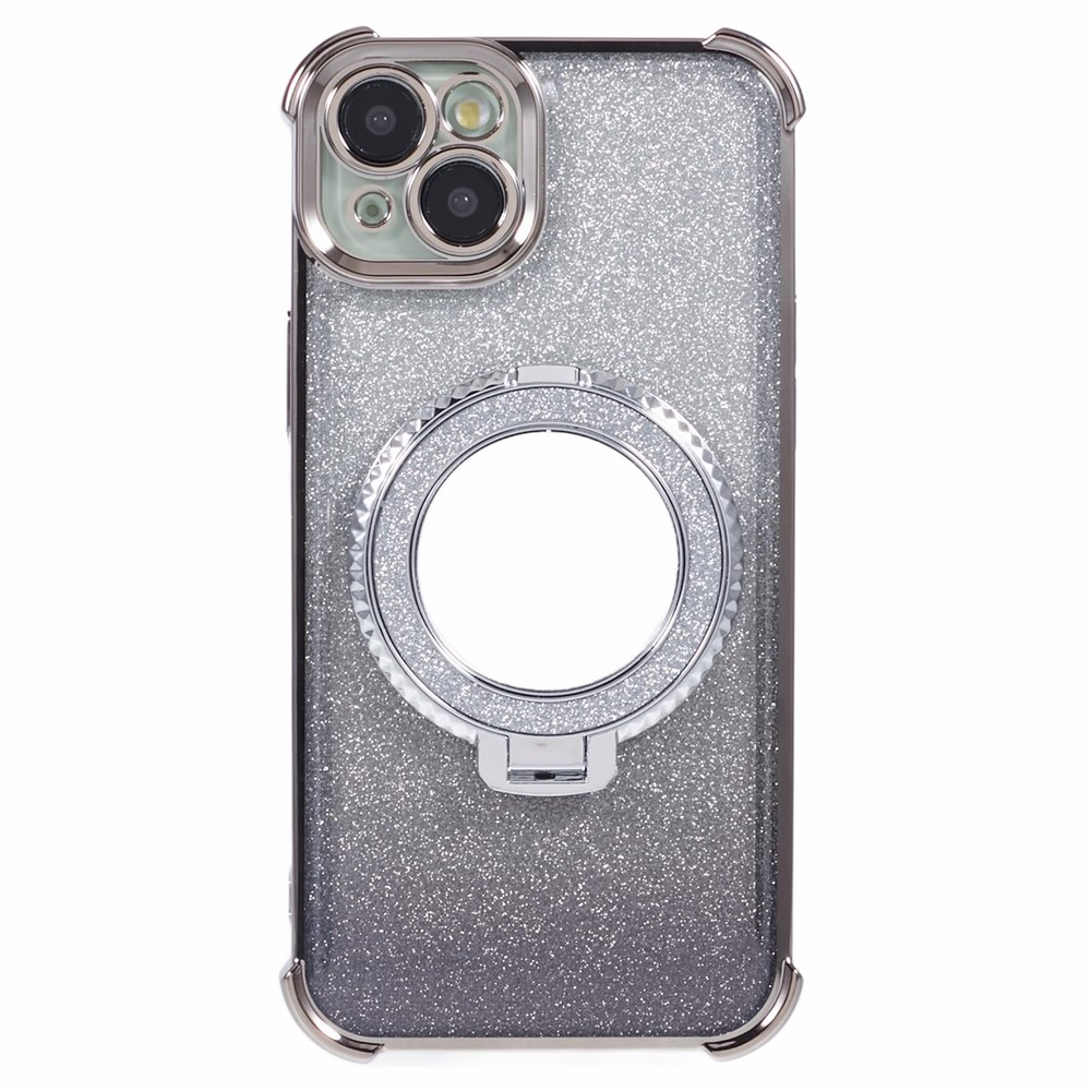 For iPhone 14 Case Heart Pattern Edge Glitter TPU Phone Kickstand Cover with Round Mirror - Grey