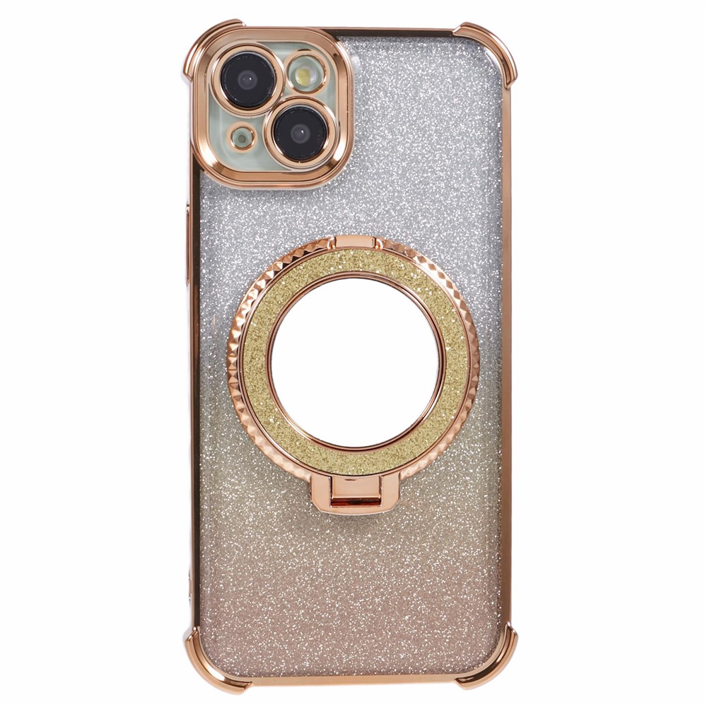 For iPhone 14 Case Heart Pattern Edge Glitter TPU Phone Kickstand Cover with Round Mirror - Gold