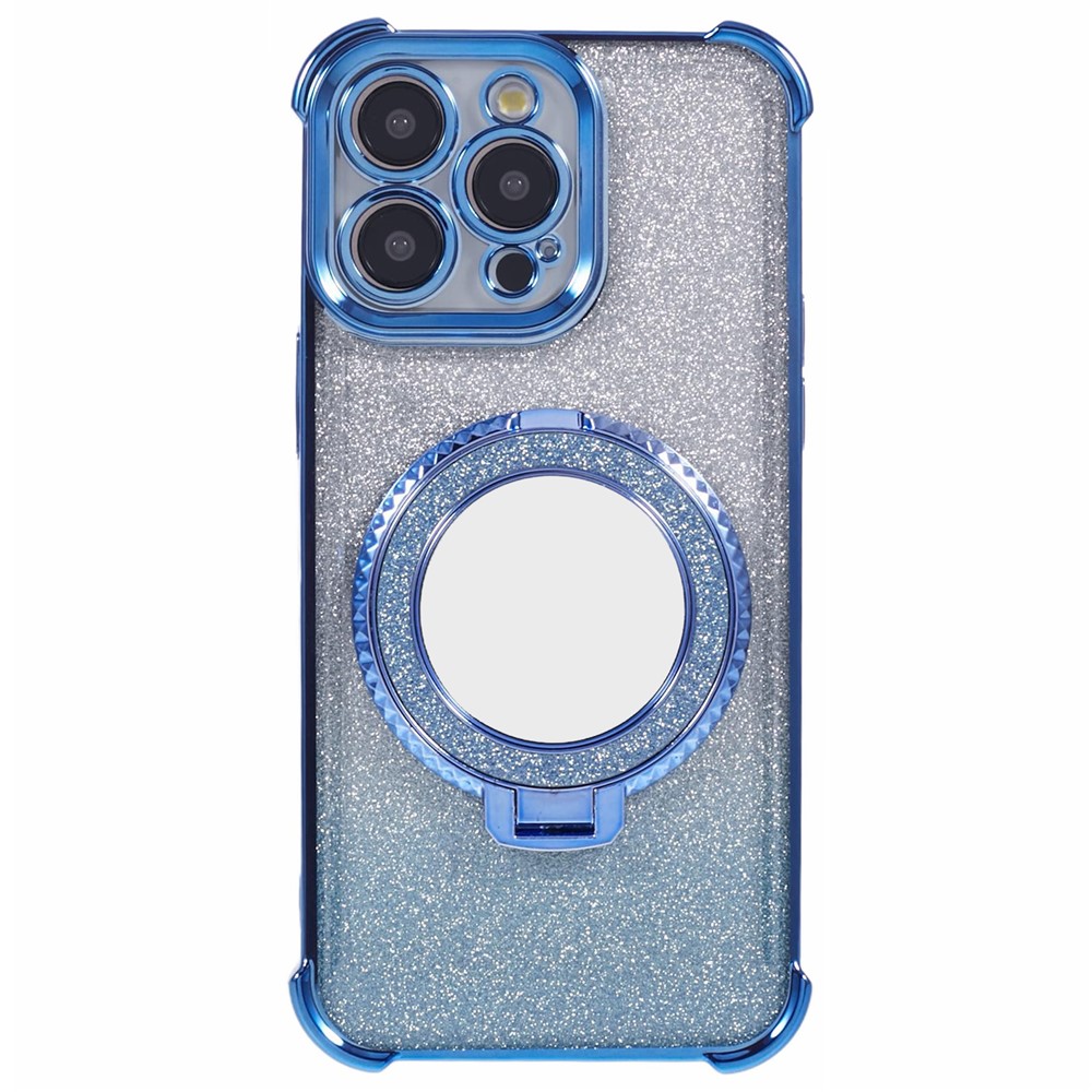 For iPhone 13 Pro Max Case Glitter Gradient Ring Kickstand TPU Phone Cover with Mirror - Blue