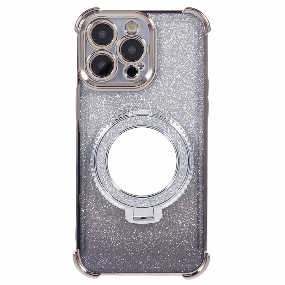 For iPhone 13 Pro Kickstand Case Heart Pattern Edge Glitter TPU Phone Cover with Mirror - Grey