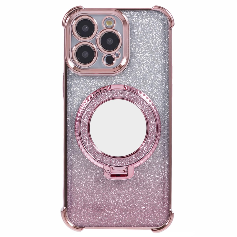 For iPhone 13 Pro Kickstand Case Heart Pattern Edge Glitter TPU Phone Cover with Mirror - Pink