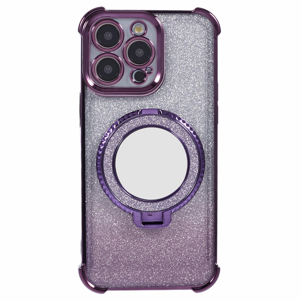 For iPhone 13 Pro Kickstand Case Heart Pattern Edge Glitter TPU Phone Cover with Mirror - Dark Purple