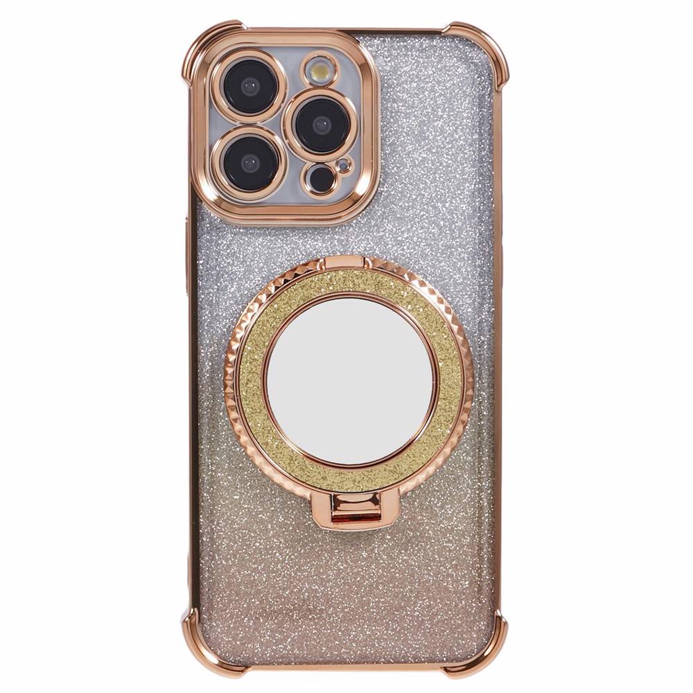 For iPhone 13 Pro Kickstand Case Heart Pattern Edge Glitter TPU Phone Cover with Mirror - Gold