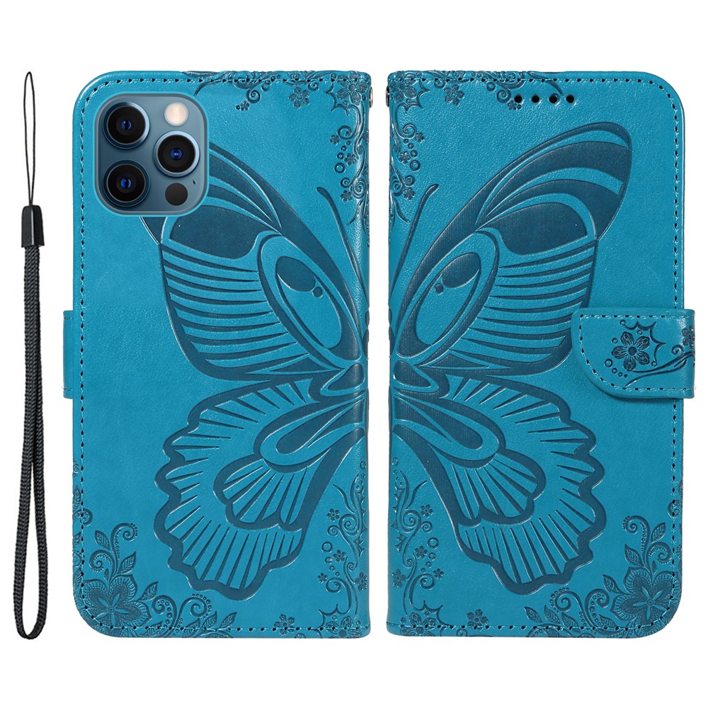 For iPhone 13 Pro Leather Case Butterfly Imprinted Stand Wallet Phone Cover - Blue