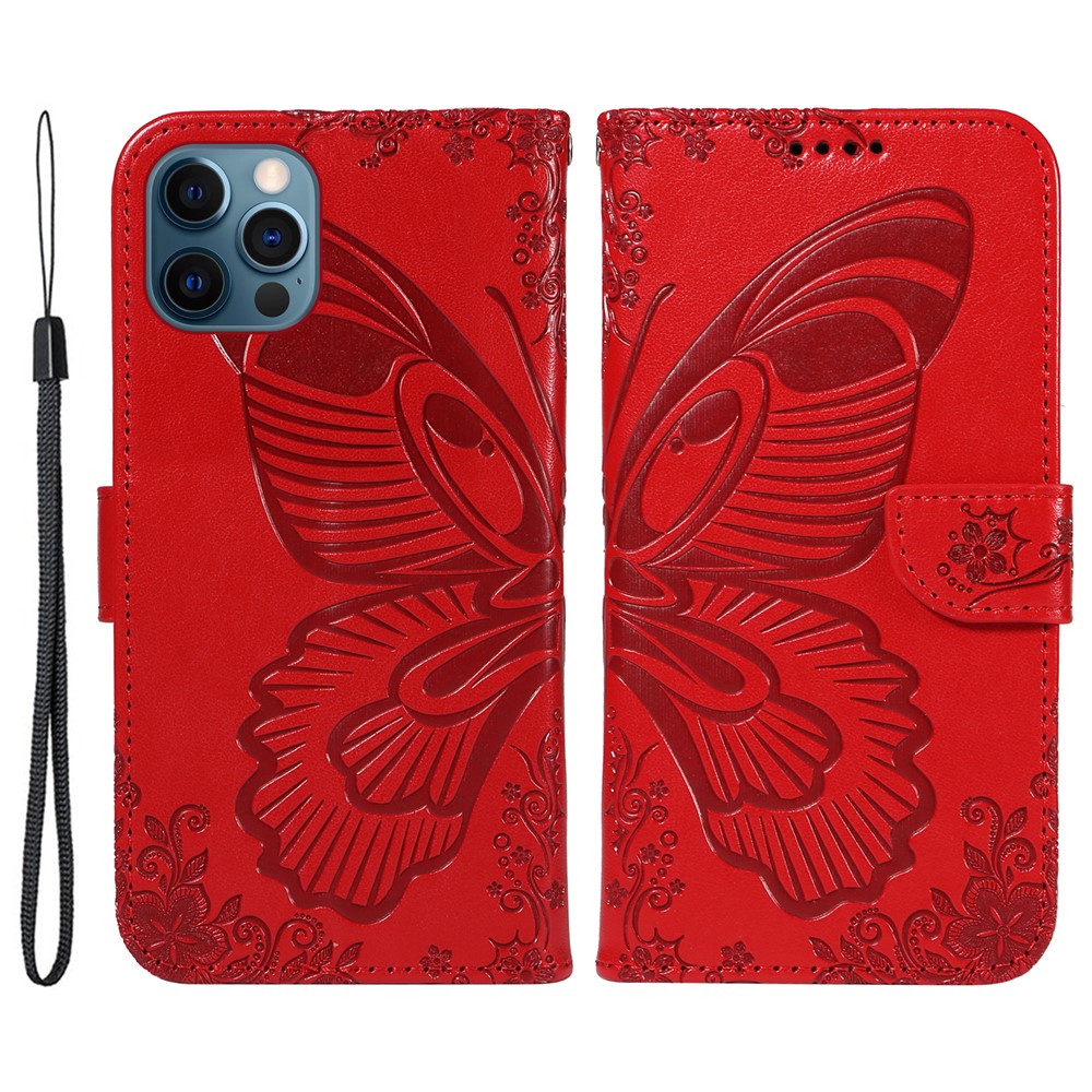 For iPhone 13 Pro Leather Case Butterfly Imprinted Stand Wallet Phone Cover - Red