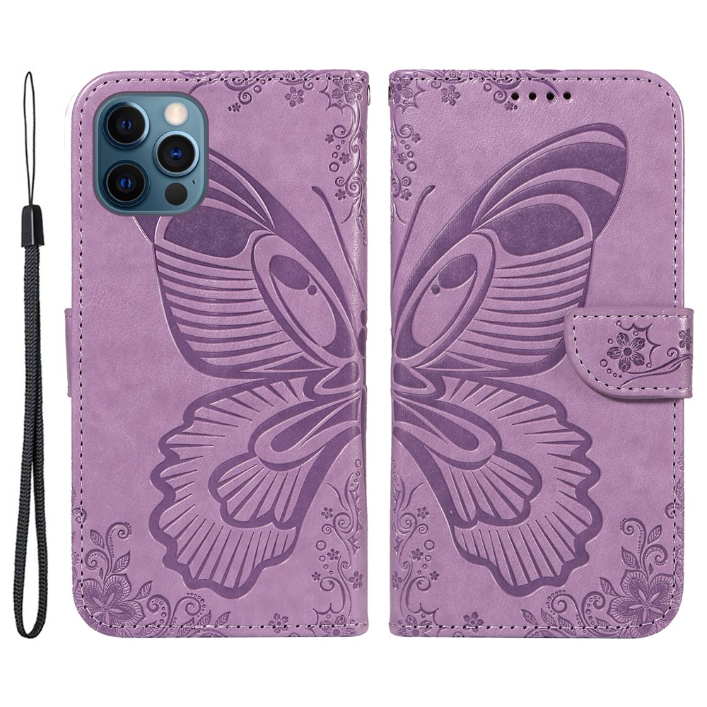 For iPhone 13 Pro Leather Case Butterfly Imprinted Stand Wallet Phone Cover - Light Purple
