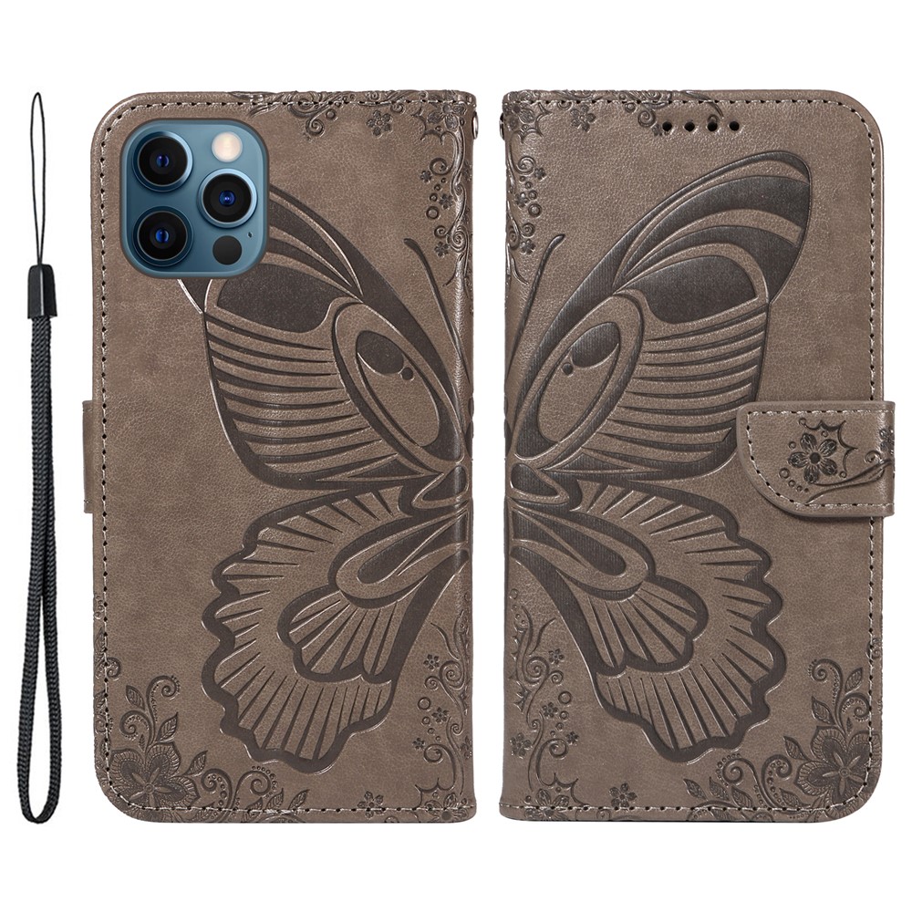 For iPhone 13 Pro Leather Case Butterfly Imprinted Stand Wallet Phone Cover - Grey