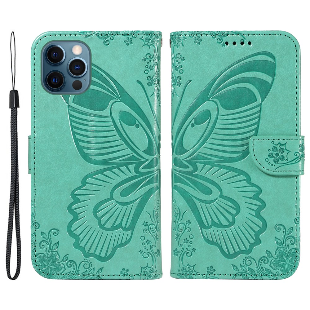 For iPhone 13 Pro Leather Case Butterfly Imprinted Stand Wallet Phone Cover - Green