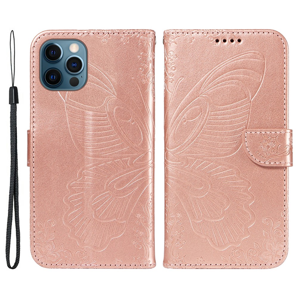 For iPhone 13 Pro Leather Case Butterfly Imprinted Stand Wallet Phone Cover - Rose Gold