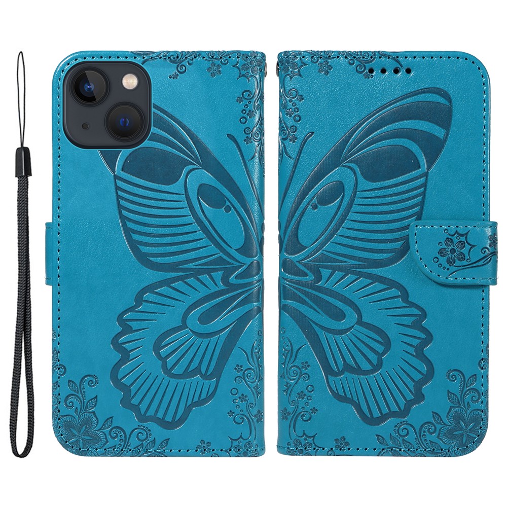 For iPhone 14 Case Butterfly Pattern Leather Phone Cover with Wallet Stand - Blue