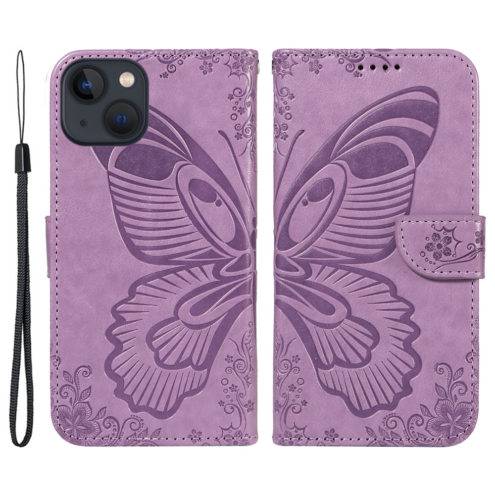 For iPhone 14 Case Butterfly Pattern Leather Phone Cover with Wallet Stand - Light Purple