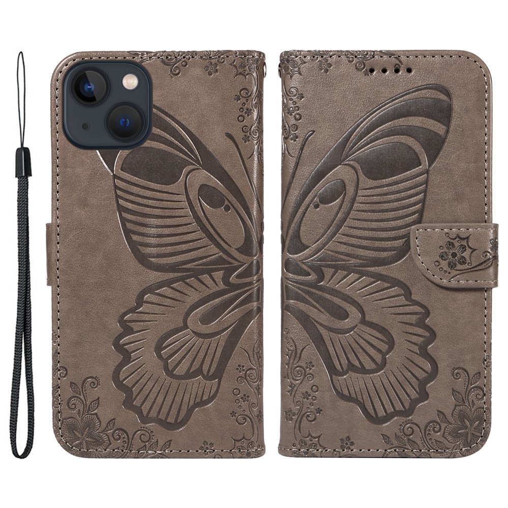 For iPhone 14 Case Butterfly Pattern Leather Phone Cover with Wallet Stand - Grey