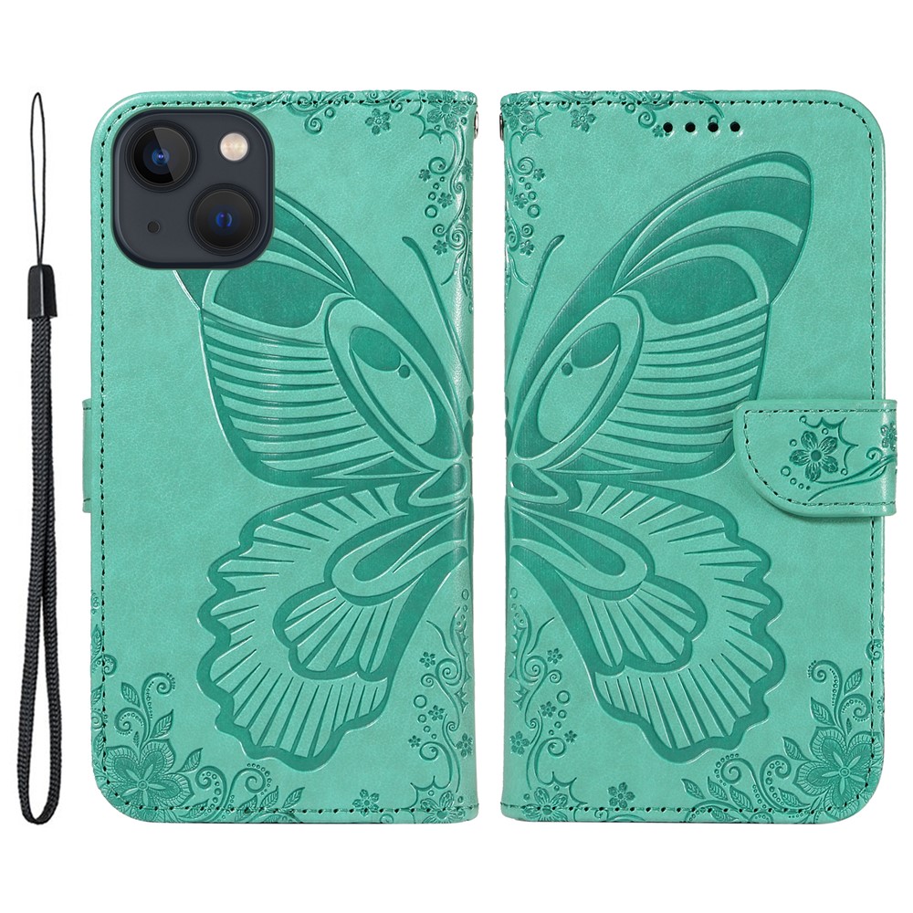 For iPhone 14 Case Butterfly Pattern Leather Phone Cover with Wallet Stand - Green