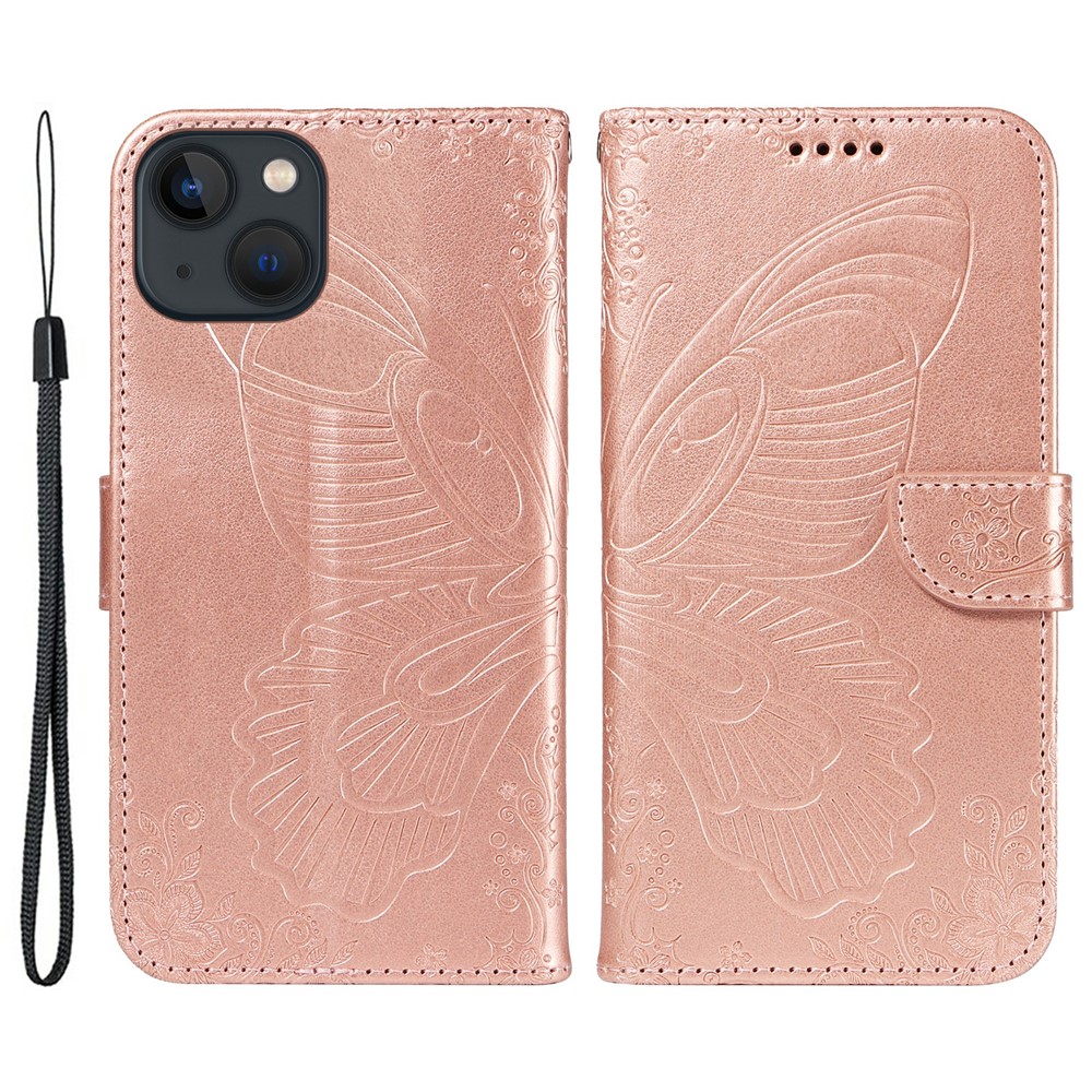 For iPhone 14 Case Butterfly Pattern Leather Phone Cover with Wallet Stand - Rose Gold