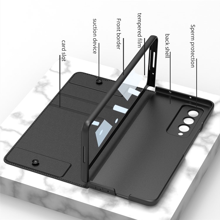 GKK Para Samsung Galaxy Z Fold4 5G Case de Teléfono de Armadura a Prueba de Amortiguadores Con Ranura de Lápiz Cubierta de Cuero de Color PU Con Película de Pantalla de Vidrio Templado - Textura de Litchi Negro-6