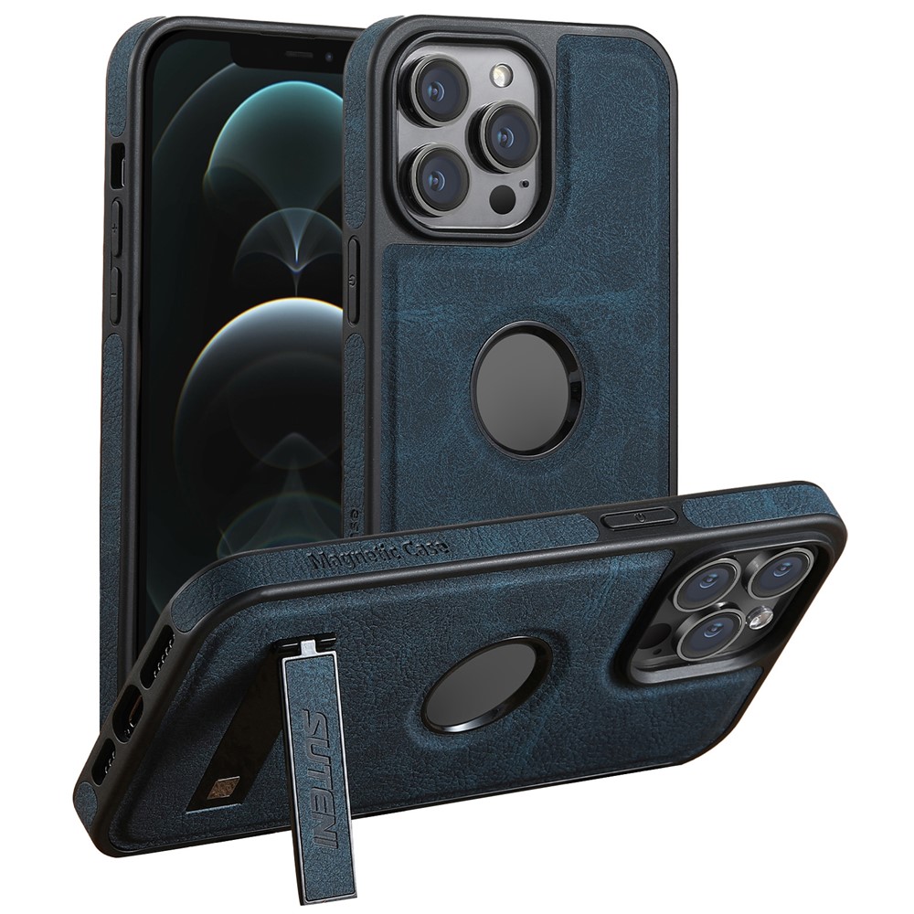 SUTENI G2 For iPhone 12 / 12 Pro Magnetic Case Kickstand Leather+TPU Phone Cover Litchi Texture - Blue