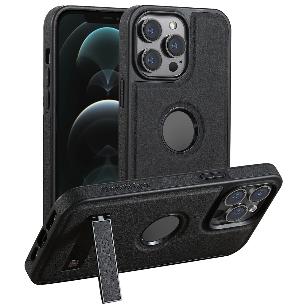 SUTENI G2 For iPhone 12 / 12 Pro Magnetic Case Kickstand Leather+TPU Phone Cover Litchi Texture - Black