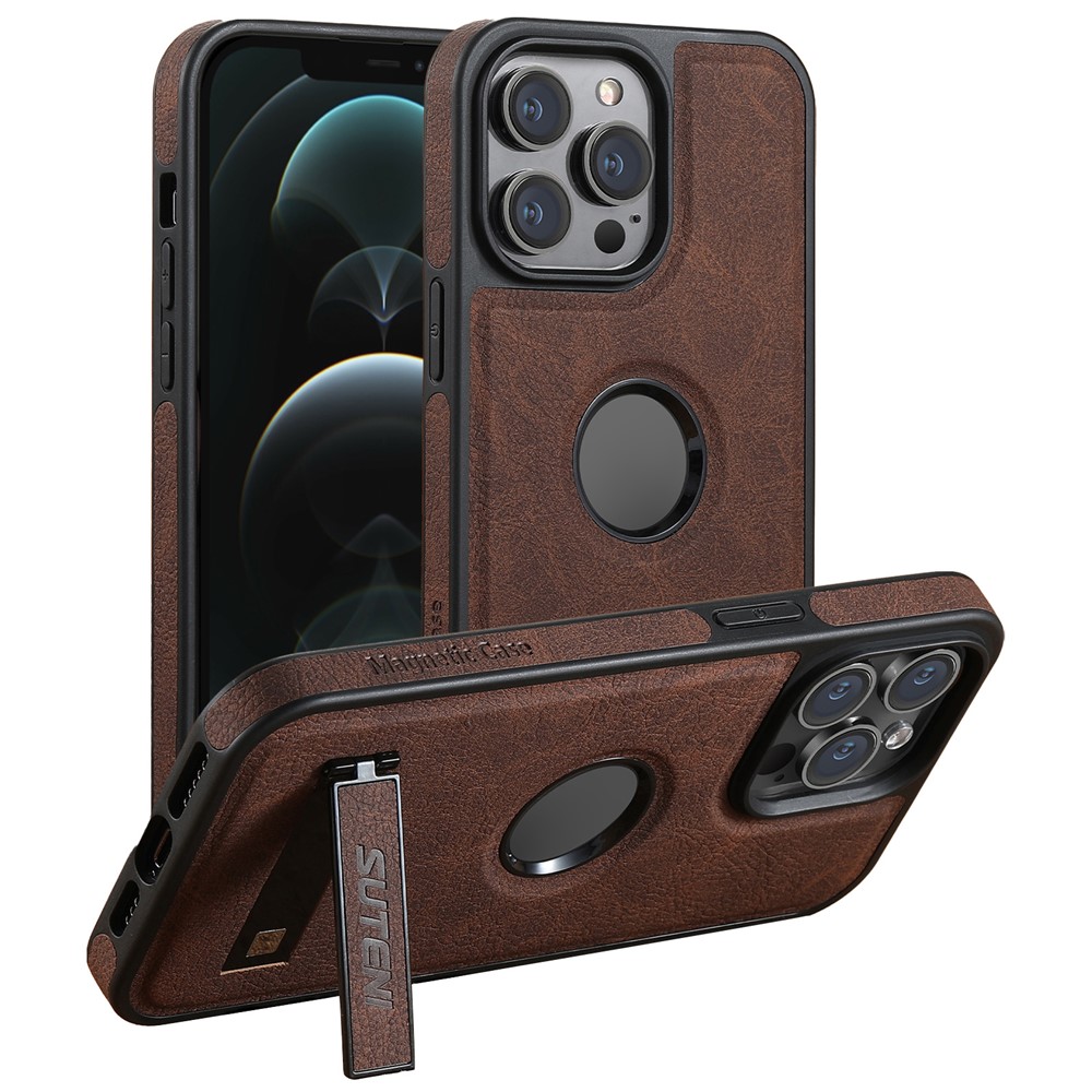 SUTENI G2 For iPhone 12 / 12 Pro Magnetic Case Kickstand Leather+TPU Phone Cover Litchi Texture - Brown