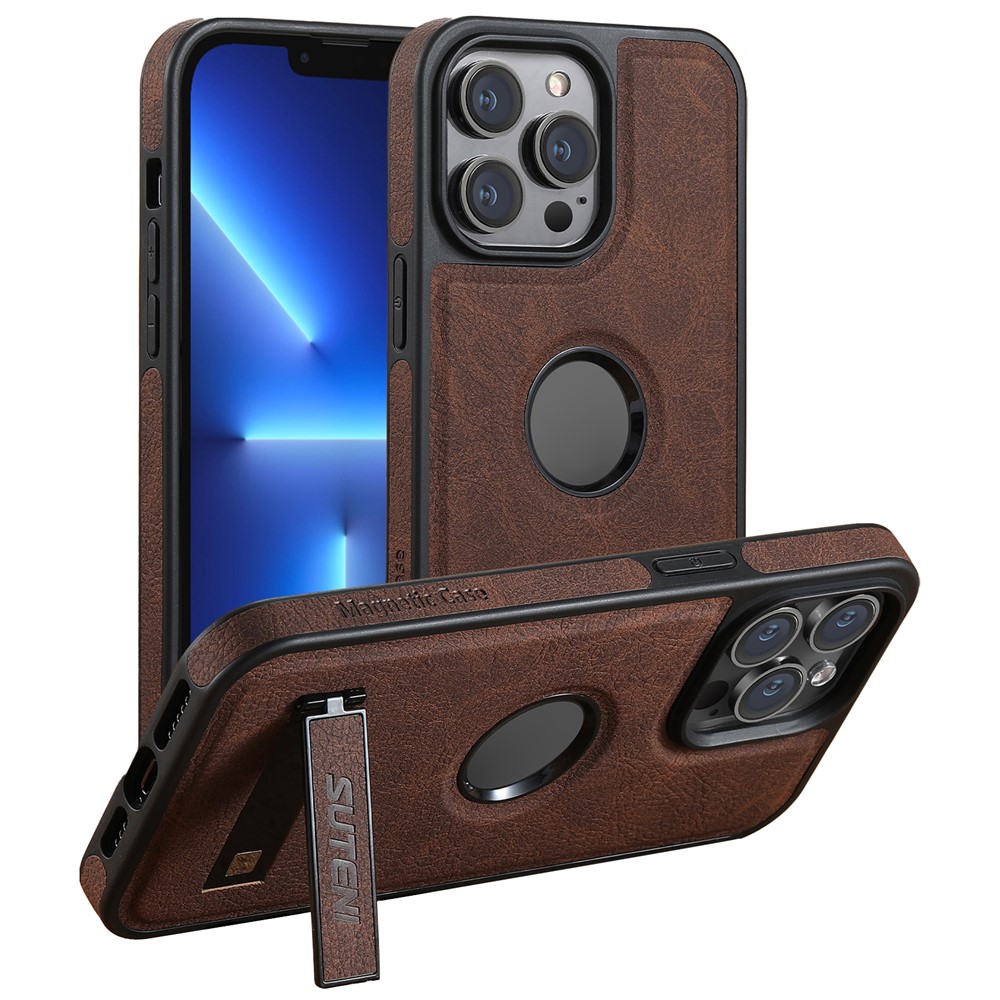 SUTENI G2 For iPhone 13 Pro Max Magnetic Case Litchi Texture Leather Coated TPU Kickstand Phone Cover - Brown