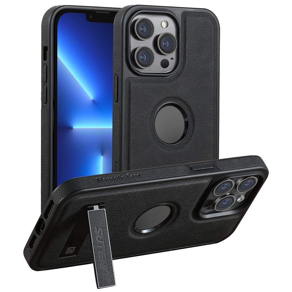 SUTENI G2 For iPhone 13 Pro Max Magnetic Case Litchi Texture Leather Coated TPU Kickstand Phone Cover - Black