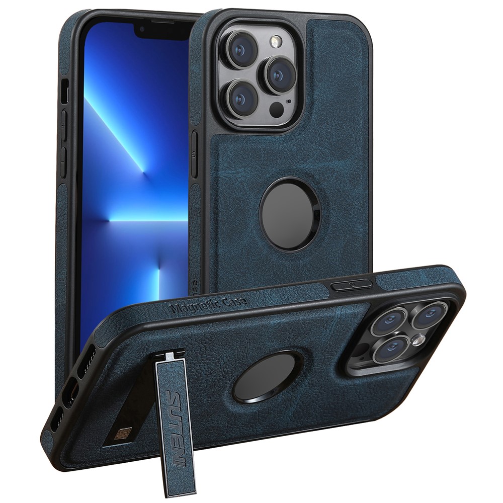 SUTENI G2 For iPhone 13 Pro Max Magnetic Case Litchi Texture Leather Coated TPU Kickstand Phone Cover - Blue