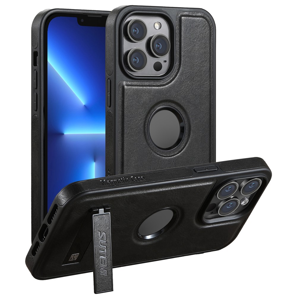 SUTENI G2 For iPhone 13 Pro Max Case Waxy Texture Leather Magnetic Back Cover Kickstand - Black