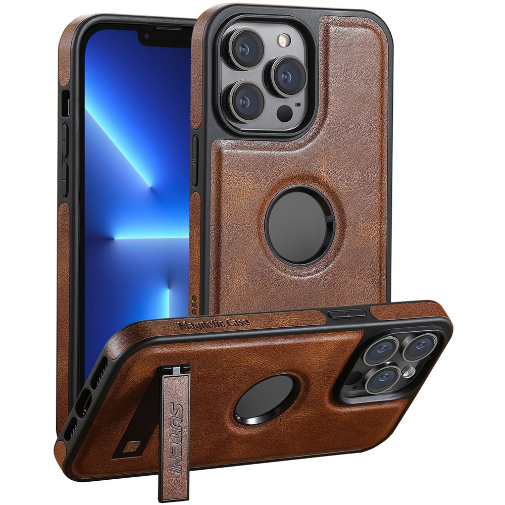 SUTENI G2 For iPhone 13 Pro Max Case Waxy Texture Leather Magnetic Back Cover Kickstand - Brown